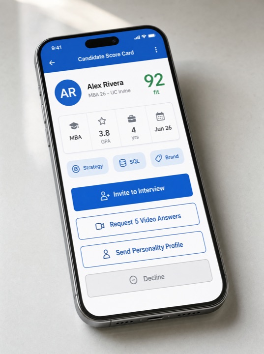 The WhyHire Candidate Score Card a recruiter sees, with a 92 fit score and four response options.